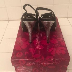 Black satin silver heels